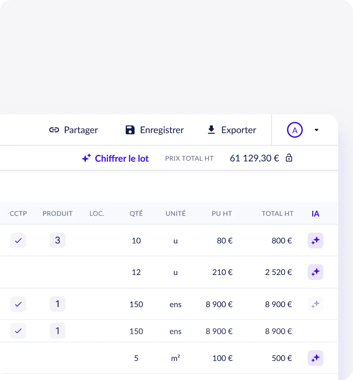 Tableau d’un lot dans AGLO, avec le bouton Chiffrer le lot, le prix total et une colonne IA sur chaque ligne