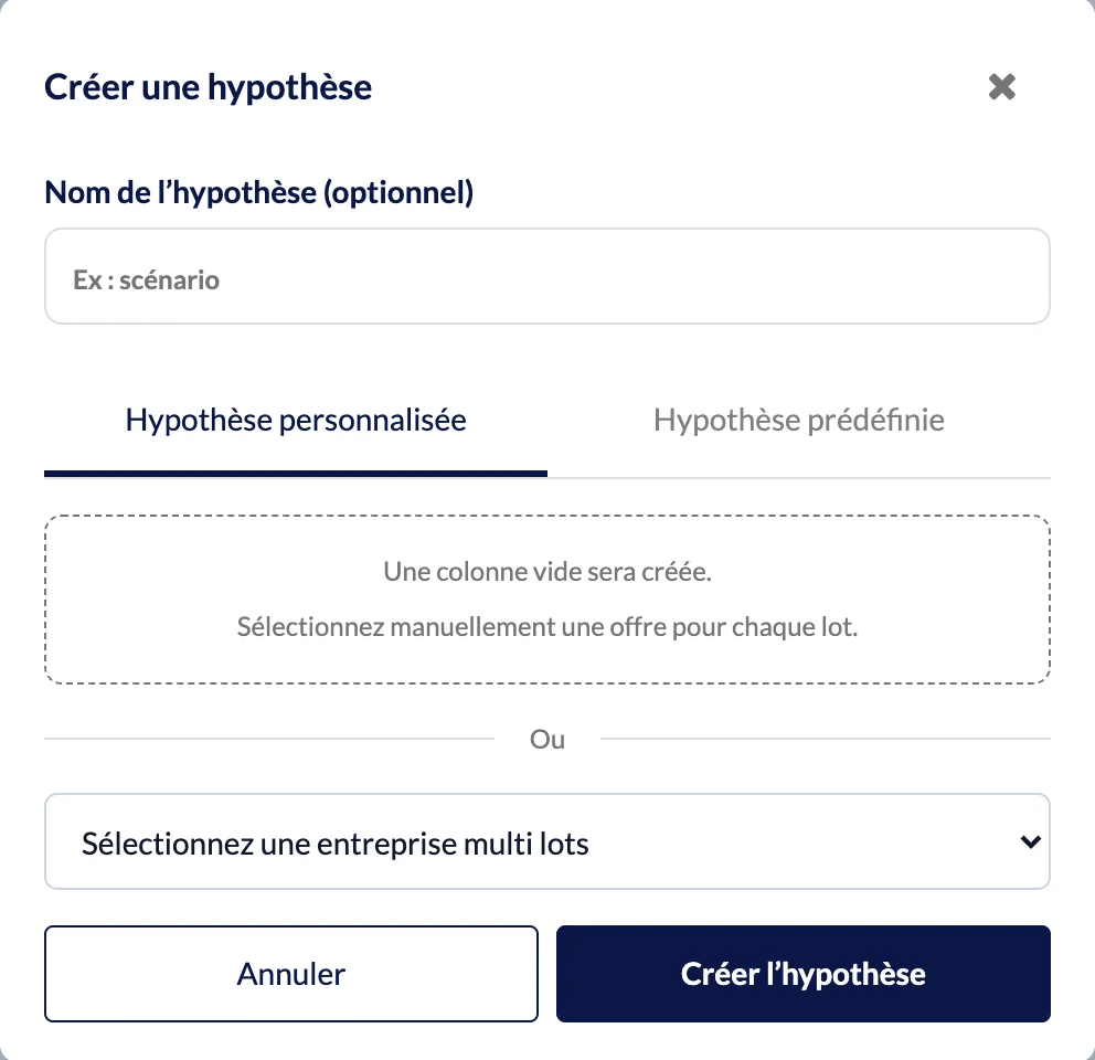 Personnalisée : vous choisissez lot par lot. Prédéfinie : AGLO applique un critère. Fenêtre Créer une hypothèse