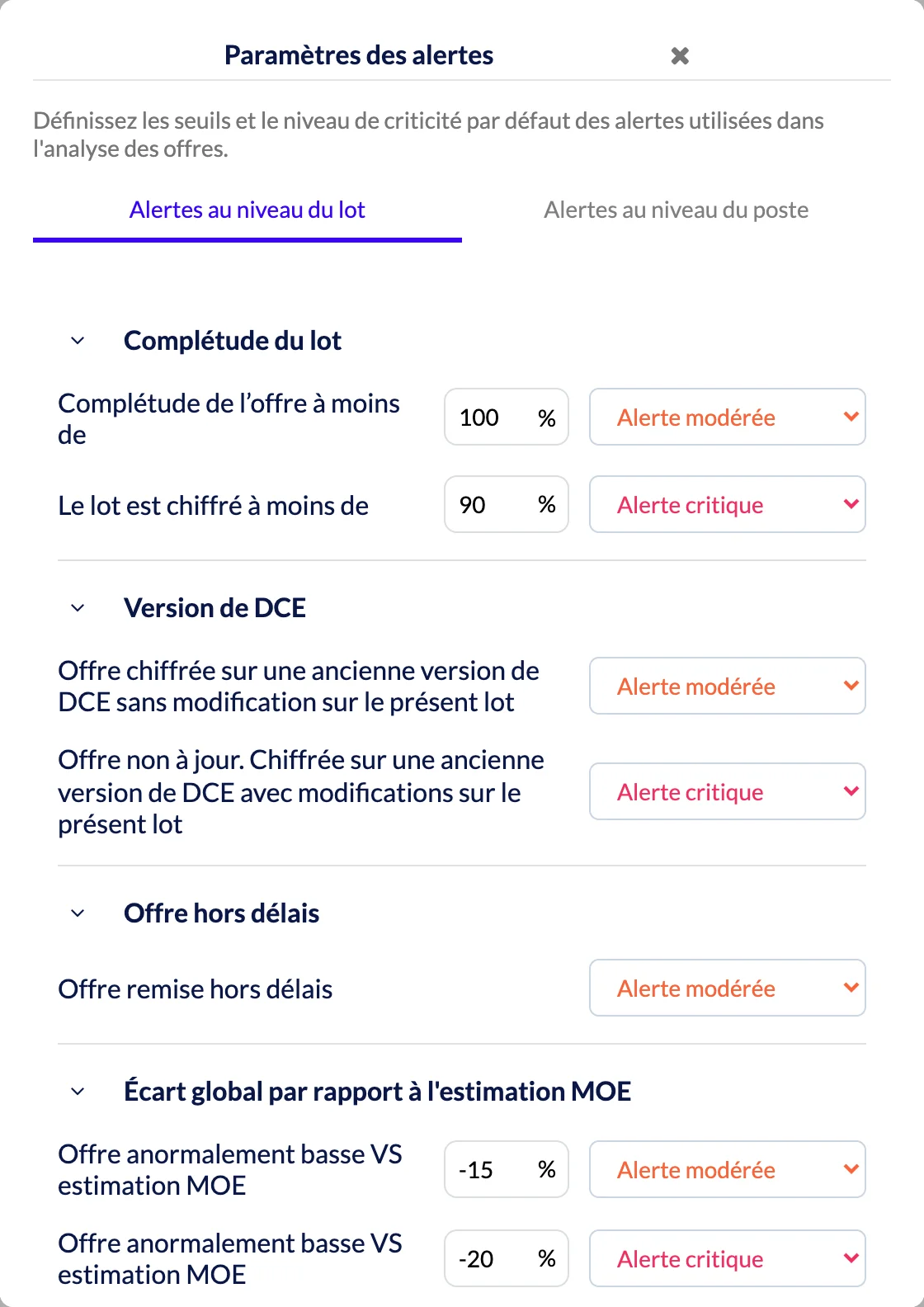 Chaque alerte a un seuil et un niveau. Onglet Alertes au niveau du lot de la fenêtre Paramètres des alertes