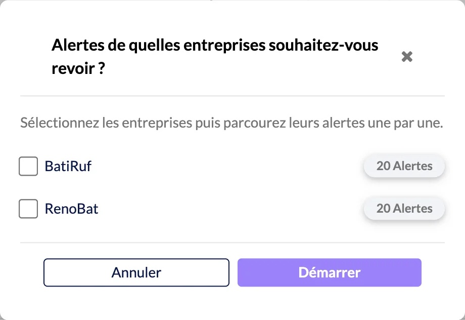 Fenêtre Alertes de quelles entreprises souhaitez-vous revoir