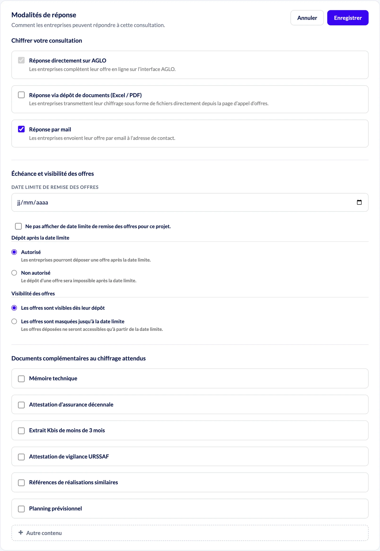 Modes de réponse, échéance, visibilité des offres et documents attendus. Cadre Modalités de réponse en modification