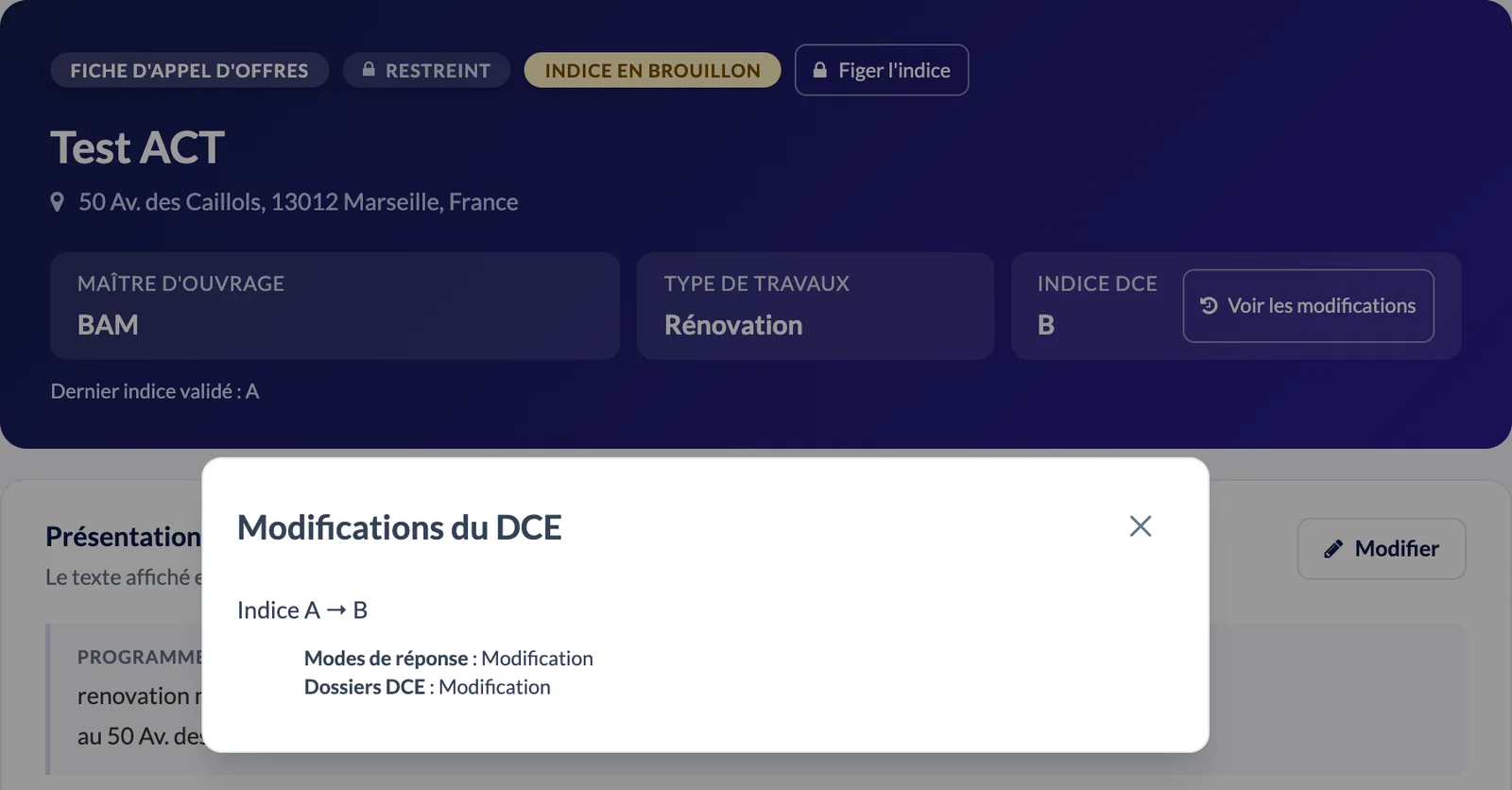 Chaque ligne indique l'élément modifié et le type de changement. Fenêtre Modifications du DCE ouverte sur le passage de l'indice A à l'indice B