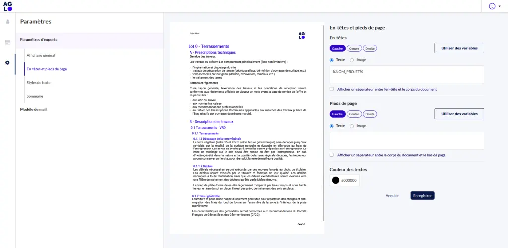 Partie "En-têtes et pieds de page" des paramètres d'exports