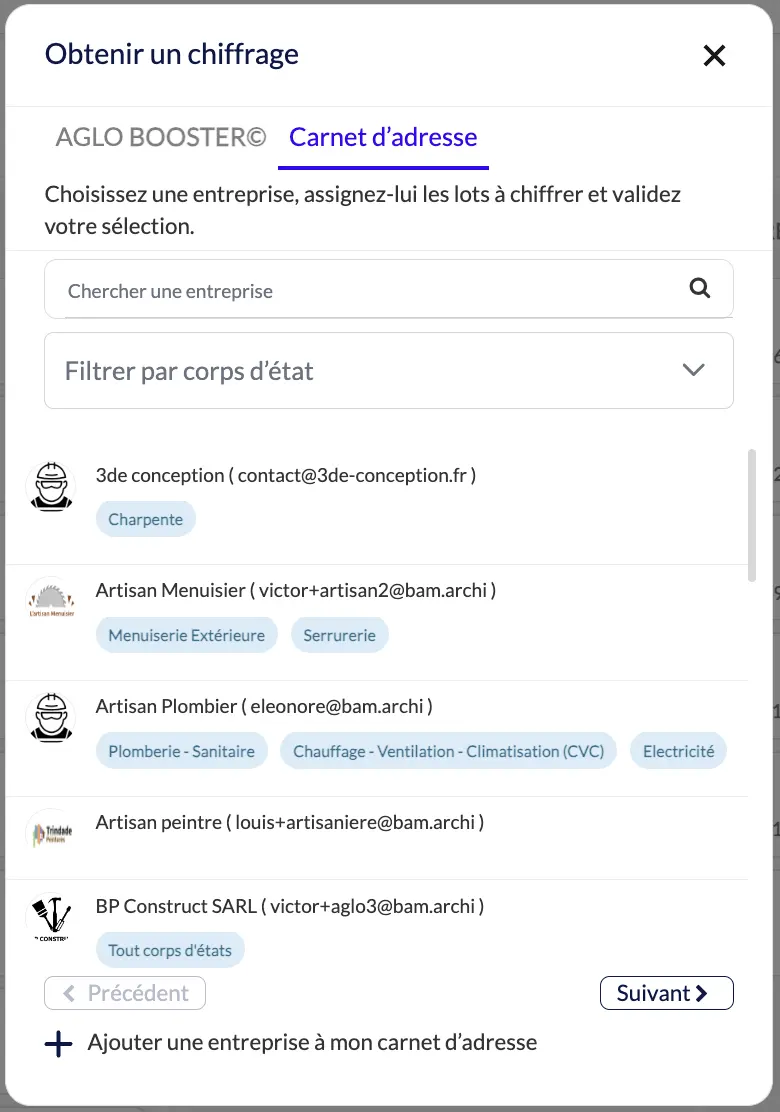 Ajouter une entreprise à la consultation