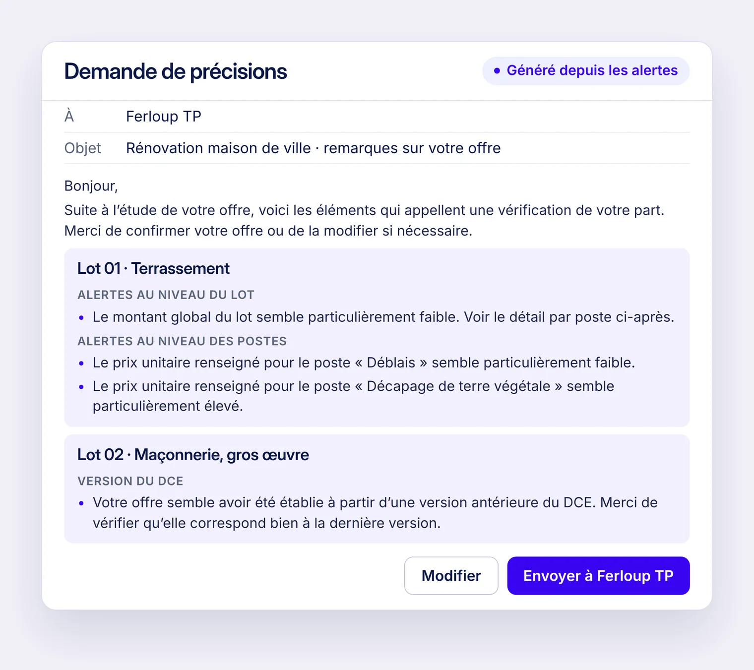 Mail de demande de précisions à Ferloup TP, généré depuis les alertes : remarques sur le lot terrassement et sur la version du DCE utilisée pour le lot gros œuvre.