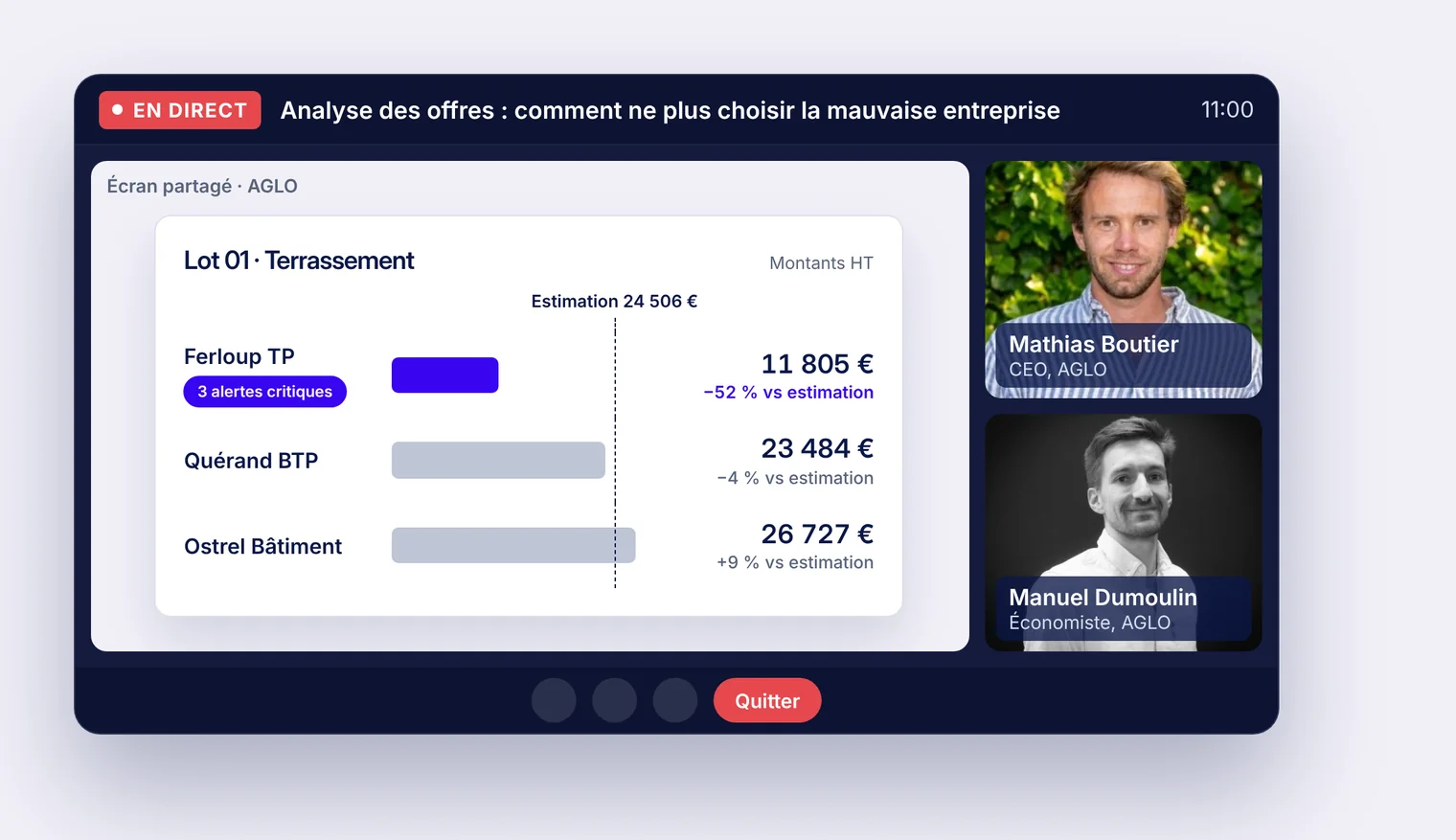 Aperçu du webinar : l’analyse des offres partagée à l’écran, avec Mathias Boutier, CEO d’AGLO, et Manuel Dumoulin, économiste.